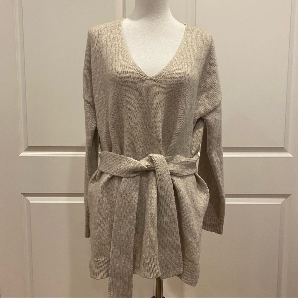 ELIZABETH AND JAMES belted V-neck oatmeal colored sweater